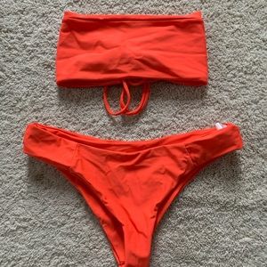 Neon orange strapless bikini set